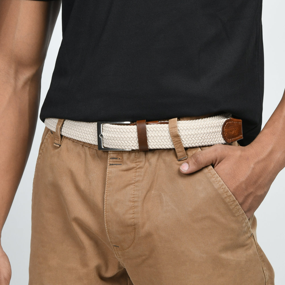 Cream & Brown Braided Canvas Leather Belt