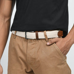 Cream & Brown Braided Canvas Leather Belt